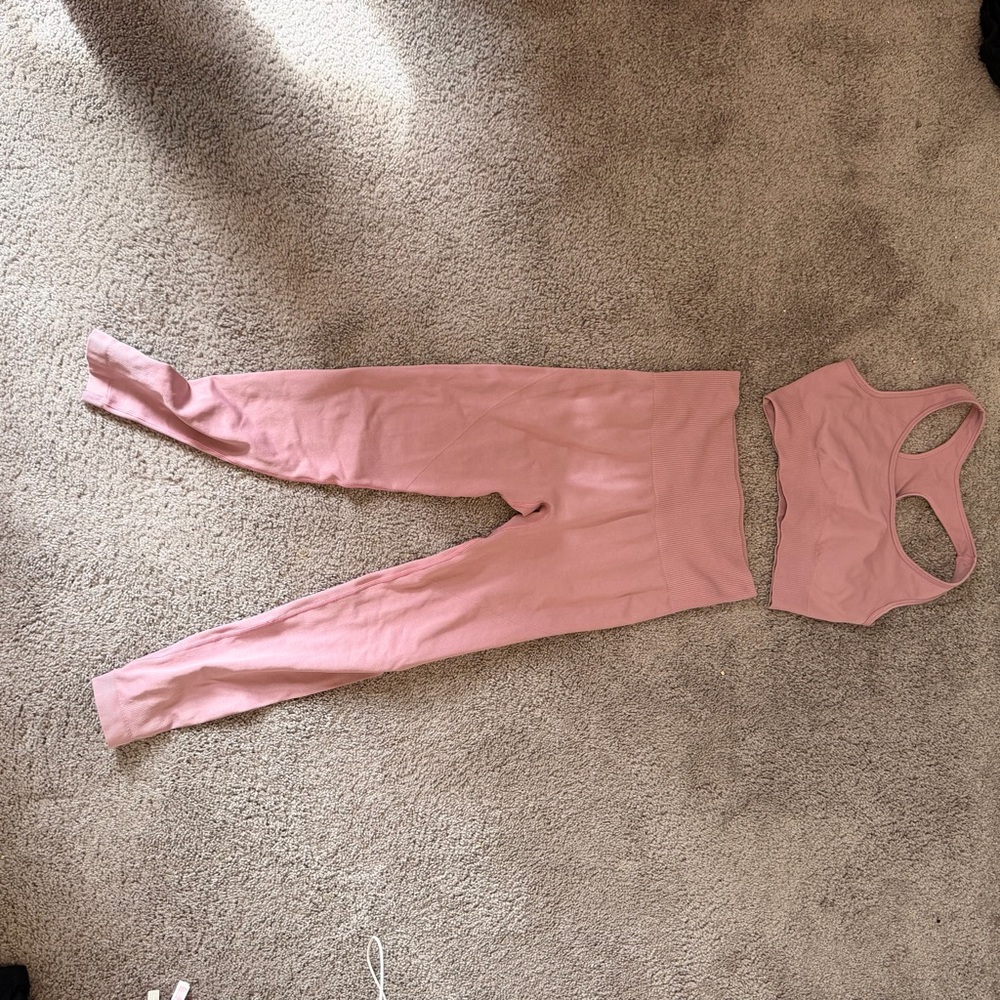 Pink athletic legging and sport bra set